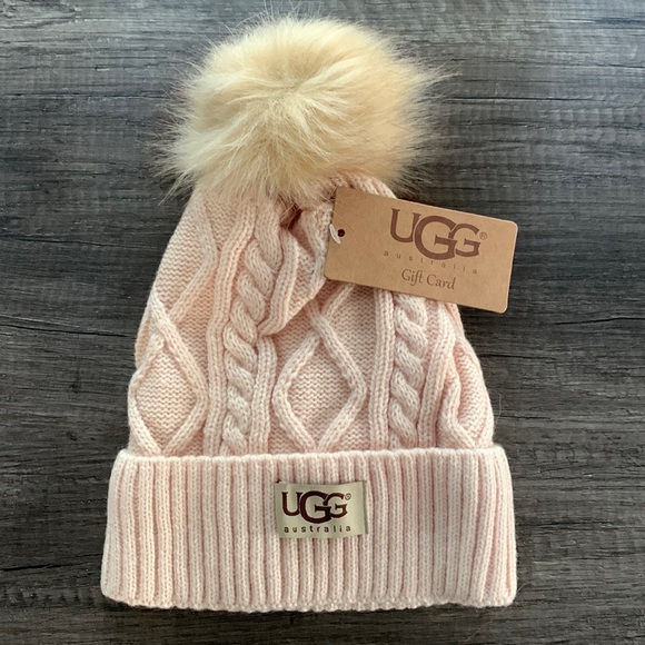 NWT UGG Cable Knit Fur Pom Beanie Peach Cream Authentic OS main image 6